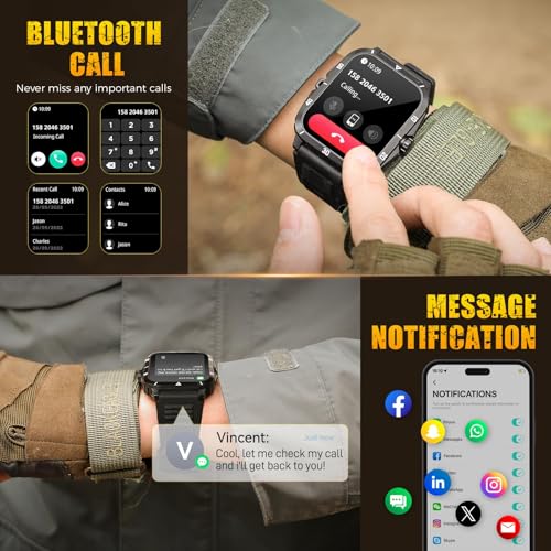 LBOYLOVE® Military Smart Watch for Men, Outdoor Waterproof Smart Watch, 1.96'' Big Screen, Answer Call, Fitness Track, Blood Oxygen, Heart Rate and Sleep Monitor, for iPhone and Android Phones