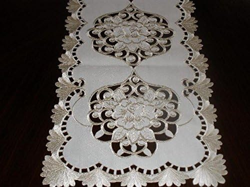14 x 90 in. Embroidered Roses And Lacy Cutwork Table Runner Ivory