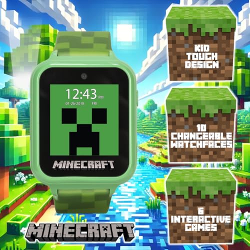 Minecraft Kids LED Smartwatch with 10 Creeper and Mob Watch Faces, Step Counter, Selfie Camera, Video Recorder, Voice Recorder, Timer, Fun Games, Calculator, and Wallpapers – Fits Wrists 5.5