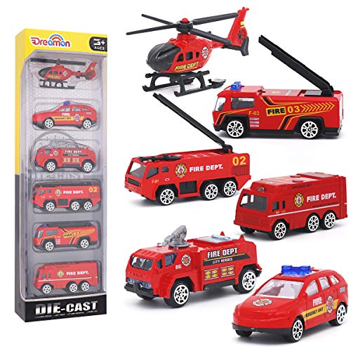 Dreamon Spielzeugautos Feuerwehrauto Fahrzeuge Feuerwehrmann Spielzeug Set Mini Cars für Kinder ab 3 Jahren,6 Pcs