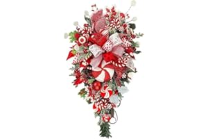SAFIGLE 2024 Candy Cane Christmas Wreath for Front Door, Christmas Swags and Wreaths for Adults, Red and White Christmas Garlands with Christmas Ball Ornamentsfor Holiday Wall Front Door Decor