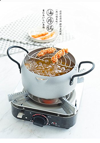 Tempura Fryer Pot, Mini Deep Fry Pan with Drainer Mini Deep frying pan with oil frying pan 8 IN silvery