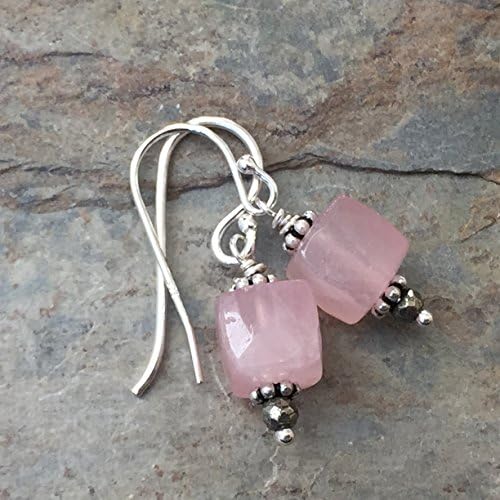 Rose Quartz Earrings with Sterling Silver and Pyrite, 1 inch