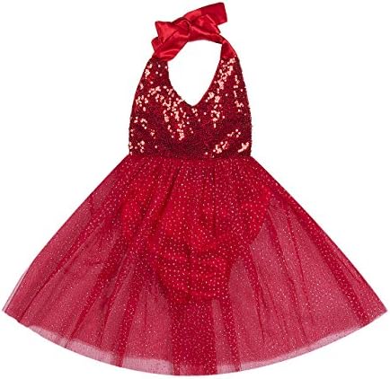 Newborn Baby Flower Girls Lace Romper Sequin Tulle Dress Halter Sleeveless Tutu Dresses (0-6Months, Red)