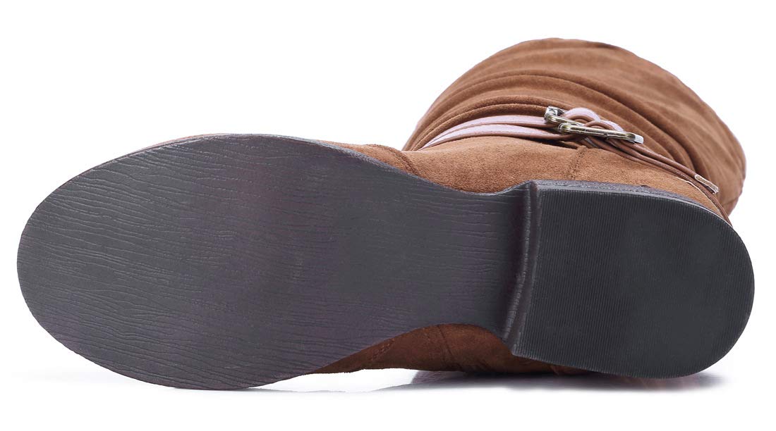 CAMEL CROWN Women\'s Faxu Suede Knee High Slouch Boots Wide Calf Low Block Heel Winter Riding Boots with Zipper Buckle Strap,Tan,Size 5.5UK