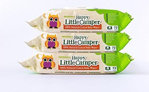 Happy Little Camper Baby Wipes, Natural All-Cotton with Organic Aloe, for Sensitive Skin, 3 Packs of 72