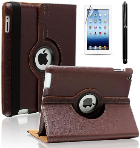 SAVEICON PU Leather Case Smart Cover with Stand For The New iPad 4 4th Generation with Retina Display, iPad 3 and iPad 2 with Sleep and Wake Function (With Screen Protector, SAVEICON LCD Screen Cloth and SAVEICON Stylus) (iPad 2/3/4 Rotating, Brown)