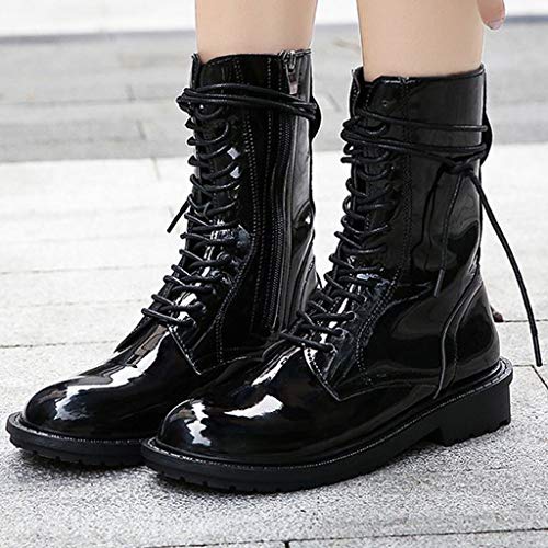 â¤Kauneusâ¤ Women's Mid Calf Boots Lace up Side Zipper Winter Boots Fashion Leather Black High Top Shoes