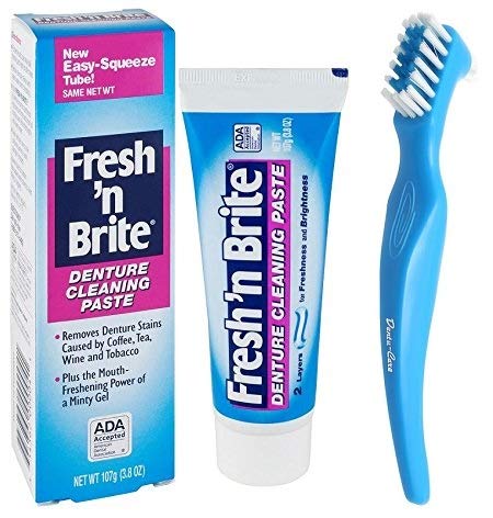 Freshn Brite Denture Cleaning Paste Tablets bundle with Dentu-Care Denture Brush for Maintaining Good Oral Care of Full/Partial Dentures