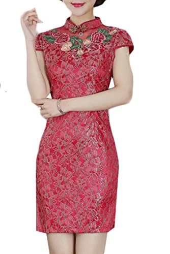 Jaycargogo Women's Chinese Traditional Cheongsam Cap Sleeve Floral Lace Qipao Dress