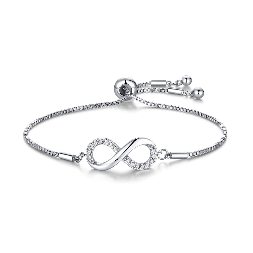 CERSLIMO Silver Bracelet for Women, White Gold Plated Cubic Zirconia Paved Infinity Heart Round Circle Bracelets | Birthday Gift for Girls Ladies Mom Sister Best Friends Girlfriend Adjustable Bracelet — image 1