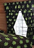 Pot Leaf Print Valance, Panels, & Tie Backs Curtain Drape Set Five Pieces