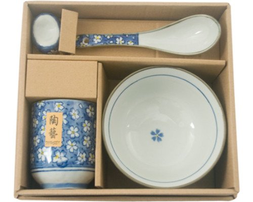 Japanese Traditional Cherry Blossom Sakura Dinnerware Set for 1 with Ceramic Rose Bowl Sushi Restaurant Tea Cup Ceramic Spoon and Ceramic Chopsticks Rest Holder Gift Set Tableware Starter Kit (Blue)