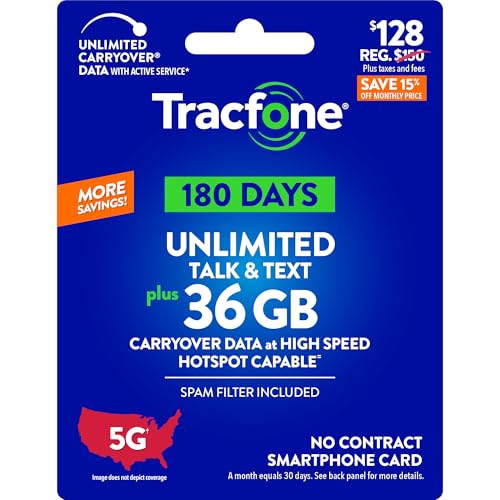 Tracfone $128 Unlimited Talk & Text, 36 GB of Data / 180 Days (Physical Card)