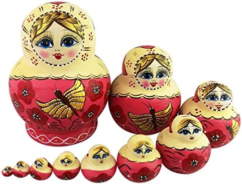 Winterworm 10 Layers Beautiful Milky White Dragonfly Wooden Russian Matryoshka Nesting Dolls Children Kids Toys Gift Matreshka Handmade Hand-Painted Home Decoration (Beige)
