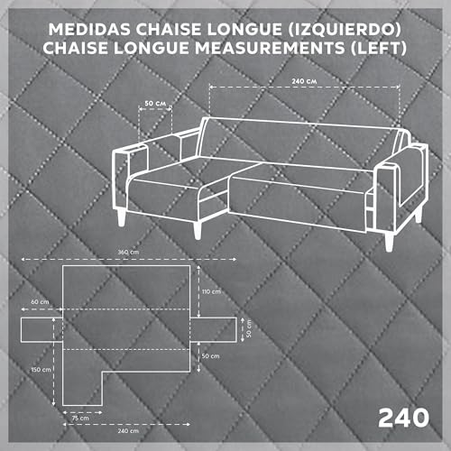 Textilhome Copridivano Chaise Longue con Penisola Malu 240cm – Salvadivano Trapuntato Universale con Bracciolo Sinistro, Protezione per Animali Domestici, Colore Grey (Visto da Davanti)