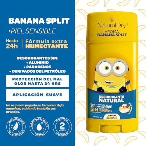 NaturalDry - Desodorante Para Niños y Teens Natural Infantil Minions 50g | Sin Aluminio ni Parabenos | 24hrs Protección | Para Niños y Adolescentes Piel Sensible (2 x Banana Split)