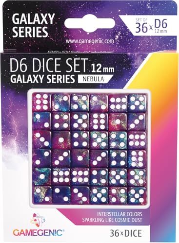Galaxy Series Nebula D6 Dice Set Set of 36 Six-Sided Dice Premium Quality Resin Dice for Dice Games, Board Games and Card Games Cosmic Glittering Design Blue and Purple Made by Gamegenic