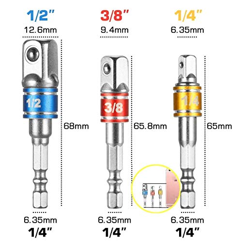 3Pcs 1/4 3/8 1/2" Universal Socket Adapter Se,105 Degree Right Angle Screwdriver set Drill Hex Bit Socket Adapter,Right Angle Drill+Impact Grade Driver Sockets Adapter Extension Set Drill Bit