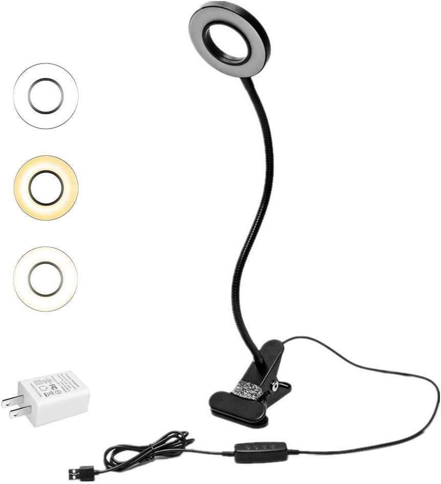 Clamp Desk Lamp, EYOCEAN Clip on Light Reading Lights with 3 Color Changeable, Flexible Night Light 3 Modes 9 Dimming Levels(Included AC Adapter) for Indoor, Black - - 