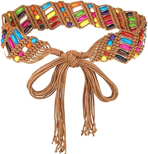 Womens Boho Wide Multi Strand Wooden Bead Waist Statement Belt Brown Size Small Simplee Bohemian Braided Waist Belt with Wooden Beads  main image 3