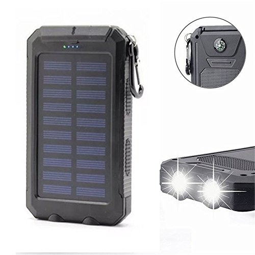 Solar Charger 10000mAh Power Bank Amersin Portable External Backup Battery Pack with 2 LED Dual USB Solar Panel Charger for Outdoor Camping Climbing Emergency Using SOS Cellphone Charger (Black)