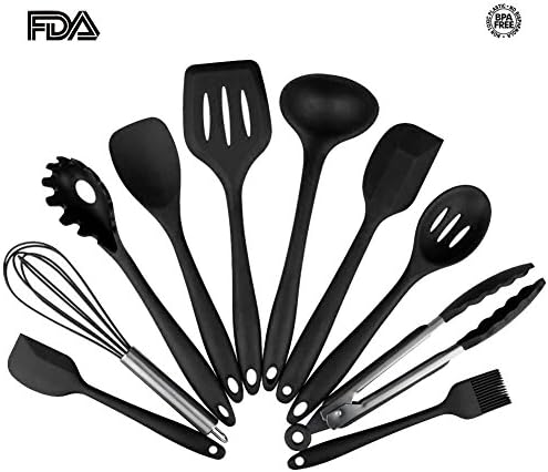 TOKINGSUN Silicone Kitchen Utensils Set, Durable Cooking tools with Hygienic Solid Coating Heat Resistant 10 pieces (Black)