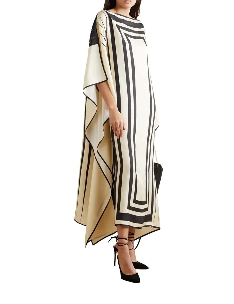 Women's Printed Silk Crepe Kaftan Dress - Soft Satin Calf-Length Modest Wear For Beach, Party & Casual Occasions