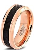 Tungsten Wedding Band Ring 8mm for Men Women Comfort Fit 18K Rose Gold Plated Plated Black Carbon Fiber Beveled Edge Polished