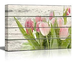 Pink and Green Tulips Flowers Artwork - Rustic Canvas Wall Art Home Art - 12x18 inches
