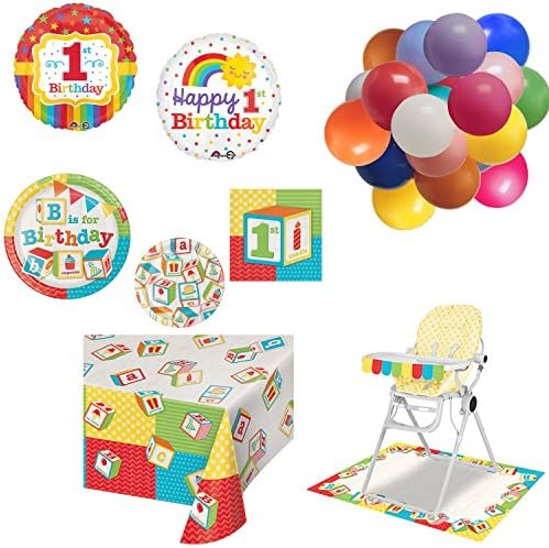Bombay Bongo 1st Birthday Party Supplies Decorations for 16 - Plates Napkins Tablecloth High Chair Kit Balloons Set of 73 Items