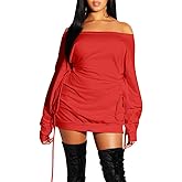 GOKATOSAU Women's Sexy Casual Off Shoulder Long Sleeve Lace Up Loose Club Mini Dress