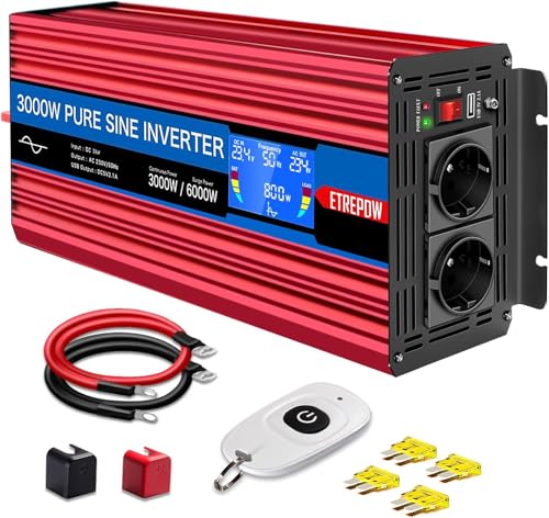 ETREPOW 3000W/6000W Inverter 24V 220V Pure Sine Wave Transformer with 2 EU Sockets and a USB, Wireless Remote Control and LCD Display, Suitable for Solar Systems, Caravans, Trucks, Camping
