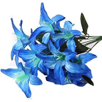 Artfen Artificial Lily 10 Heads Fake Lily Artificial Flower Wedding Party Decor Bouquet Home Hotel Office Garden Craft Art Decor Blue