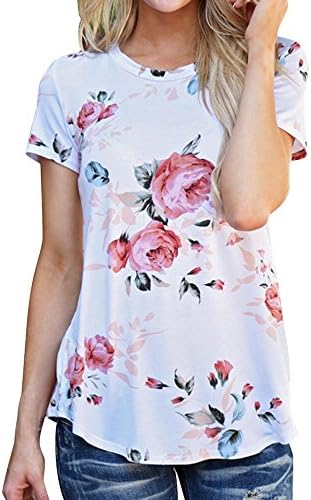 Tops and Blouse for Women Retro Floral Print T Shirts O-Neck T Shirt Summer Ladies Top (White, M)