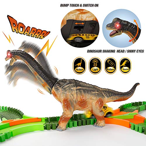 URTOYPIA Dinosaur Toys Race Car Track, 219PCS Dinosaur Race Track Play Set with Moving Head and Soun - //coolthings.us