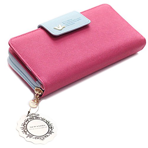 Wallet-NEWANIMA Women Lady Multi-card Two Fold Long Zipper Clutch Purse Handbag With Keychain (Rose)