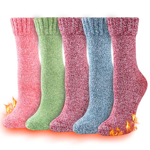 Heatuff Womens Thick Wool Socks Thermal Warm Winter Crew Socks 5 Pairs Multicolors