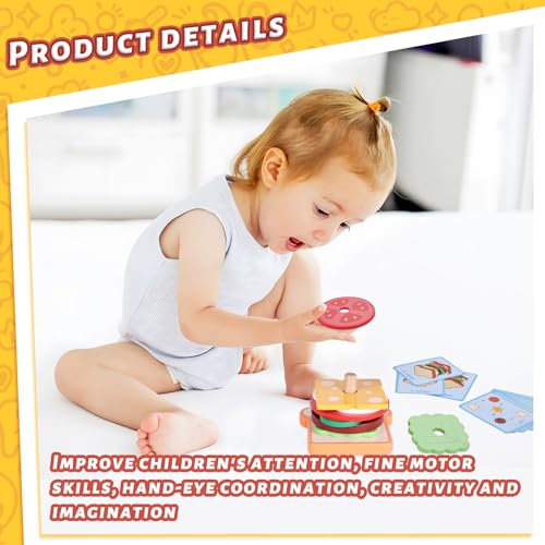 LovesTown Wooden Stacking Toys, Burger Stacking Toys Montessori Toys for Kids Educational Preschool Learning Toys for Boys Girls Birthday Gifts