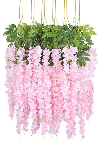 Duovlo 12 Piece 3.6 Feet Artificial Silk Wisteria Vine Ratta Hanging Flower Garland String Home Party Wedding Decor (Light Pink)