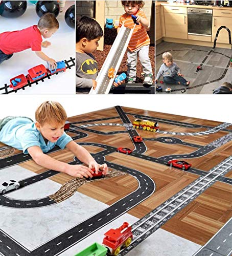 Hangnuo Road Tape Set for Kids Toy Cars Track with Curves Roads and Traffic Signs, Stick to Floors Walls - Creative Children Toys Birthday Gift