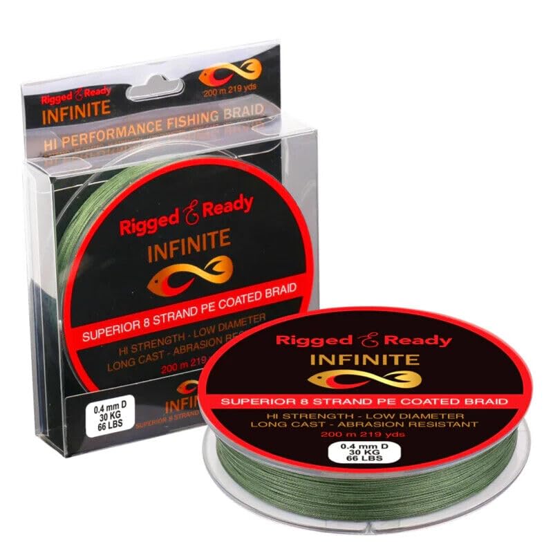 Rigged and Ready Infinite Hi-performance Fishing Braid-66lb 30kg PE Coated Line-200m. Braided 8 Strand Low Diameter No Stretch Long Cast Abrasion Resistant Fast Sink. River Lake Sea Fishing