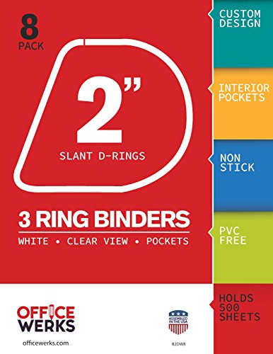 Officewerks 3 Ring Binders, 2 Inch Slant-D Rings, White, Clear View, Pockets - 8 Pack
