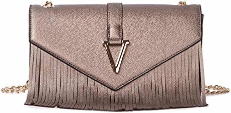 Women's Faux Leather V Logo Detail Quilted Chain Strap Flap Bag (Silver)
