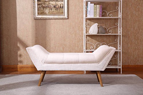 Upholstered Bedroom Bench with Arms, Tufted Fabric Linen Vanity Bench with Rubber Wood Legs, Beige - Thumbnail 5