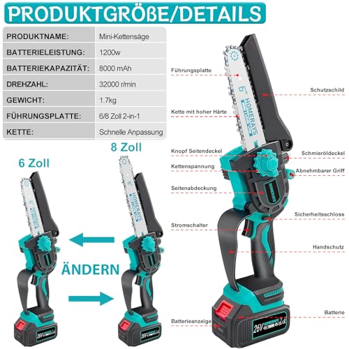 Mini Chainsaw with Battery 8000 mAh, 8 Inch & 6 Inch Mini Chainsaw Electric with Automatic Oiler and 2 x 4000 mAh Brushless Hand Chainsaw Battery for Garden Shears Loppers Wood Cutting