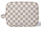 Daisy Rose Luxury Checkered Make Up Bag | PU Vegan Leather Cosmetic toiletry Travel bag (Cream)