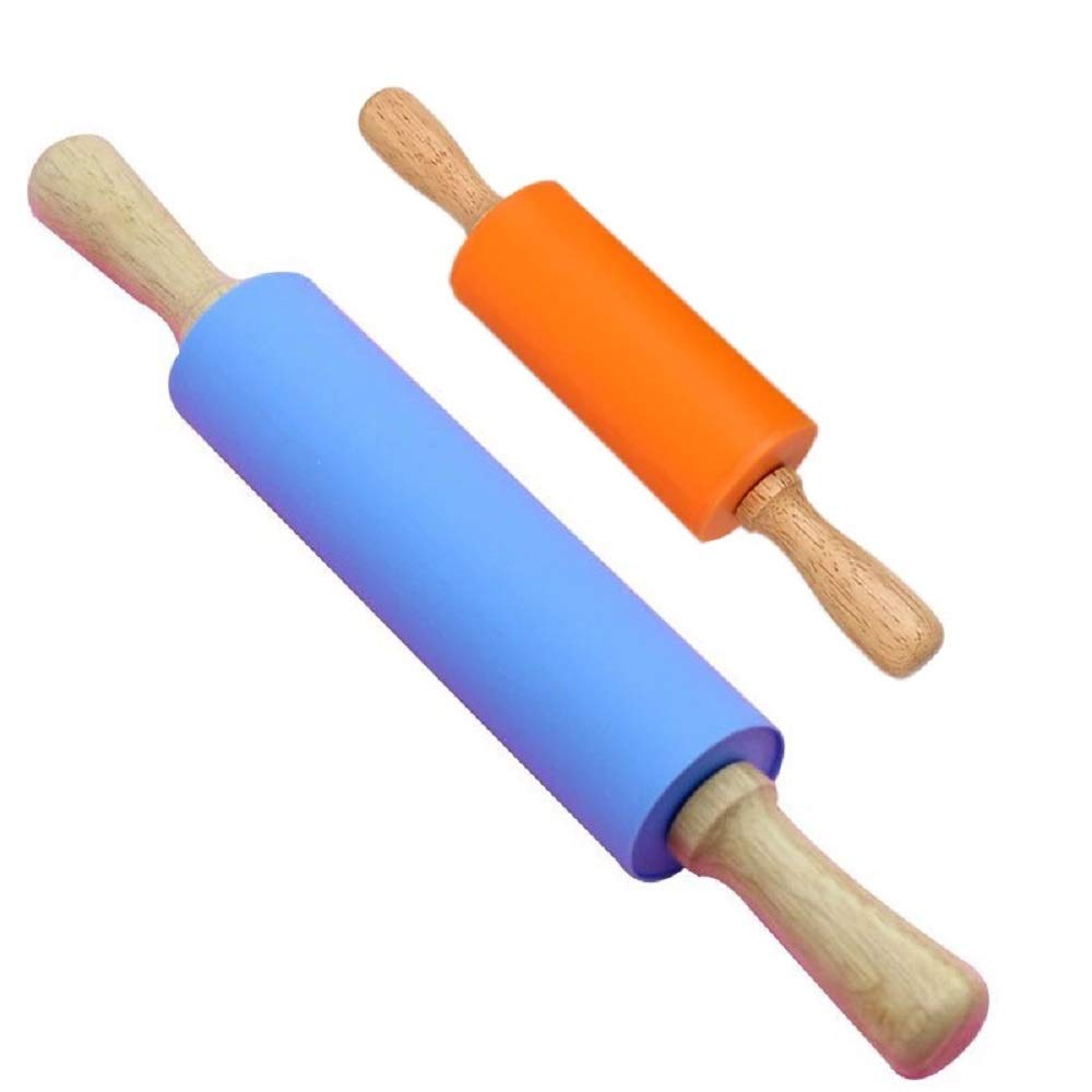 NASNAIOLL Silicone Rolling Pin Non stick Surface Wooden Handle,Large and Children Mini Silicone Dough Rollers (16.9"Blue+9"Orange)