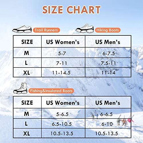 Ice Snow Grips Crampons,TURNRAISE Traction Cleats with 19 Spikes System Safe Protect for Walking, Ice Fishing, Climbing and Hiking on Snow and Ice (X-Large)