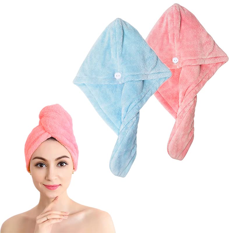 Shakeel Pack of 2 Microfiber Hair Turbans | Super Absorbent, Quick Dry, Anti-frizz Hairwrap Towels with Buttons, Pink and Blue